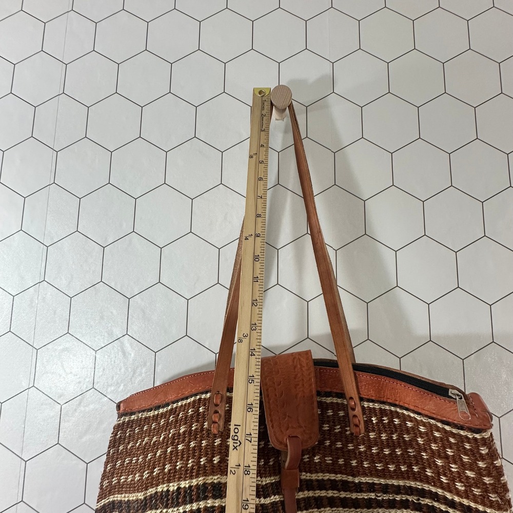 Handmade Woven Sisal Leather Tote Bag Brown Striped Boho Kiondo Shoulder Bag - Picture 5 of 8